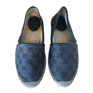 Gucci Black GG Supreme Monogram Canvas Espadrille Flats 36.5 Logo